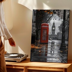 London Street Red Telephone Booth Clock Tower Rainy City Wall Art Poster Print