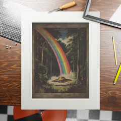 Vintage UFO RAINBOW Wall Art, Alien Pot of Gold Decor, Sci-fi Gay Pride Poster