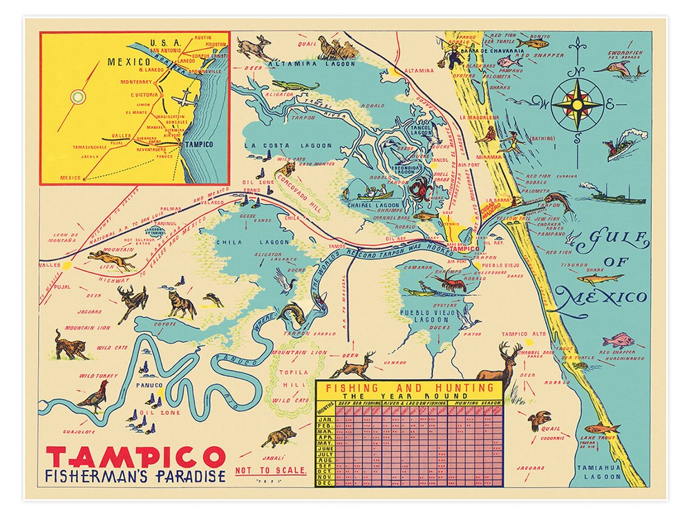 Tampico Tamaulipas Mexico Map Fishing Paradise Poster Art Print circa 1942
