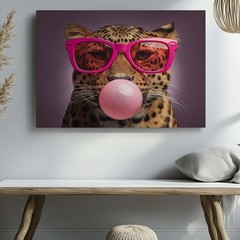 Leopard with Pink Sunglasses Blowing Bubblegum Canvas Wall Art Animal Decor