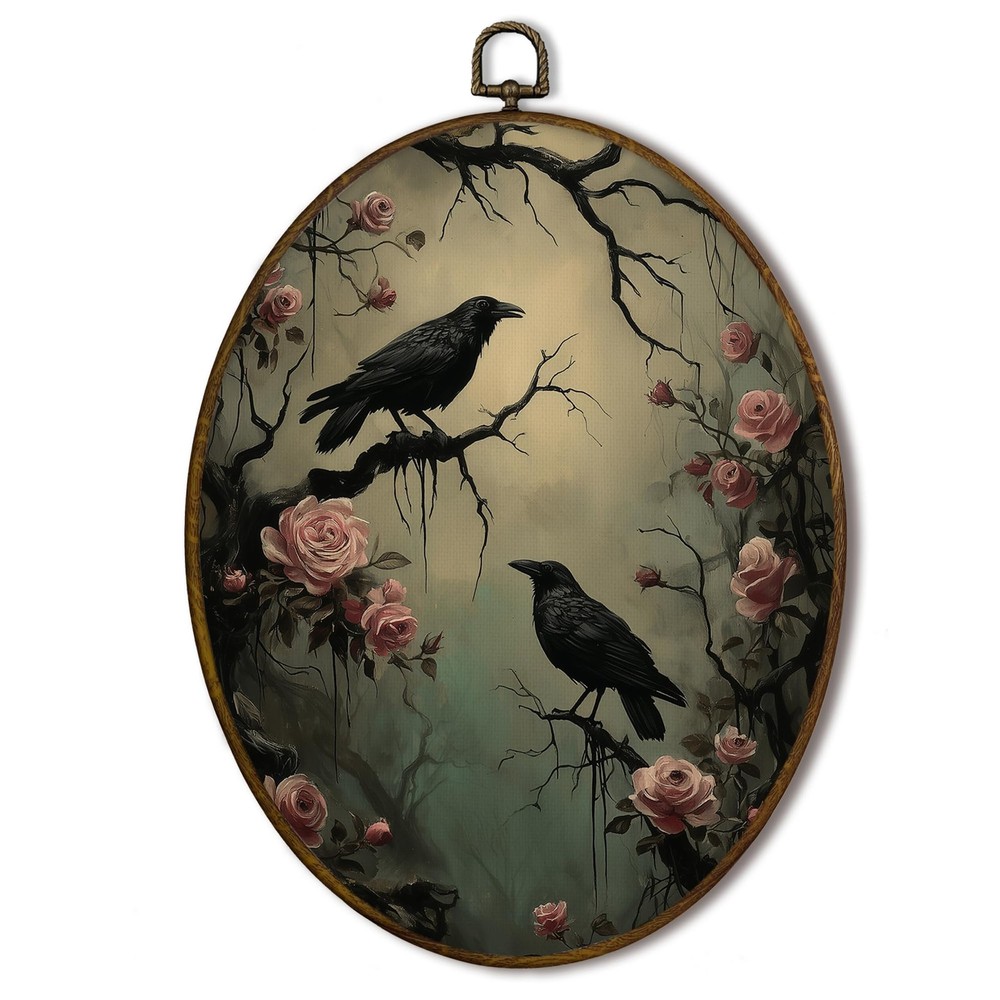Gothic Black Raven Crow Rose Oval Framed Wall Art Decor, Dark Romance Gothic …