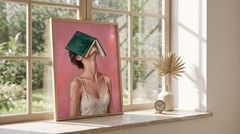 Modern Girl with Green Book Poster Romantic Pink Bedroom Wall Art Canvas Print