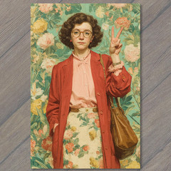 Art Print Woman Red Coat Glasses Floral Skirt Retro Fashion Peace Pose Portrait