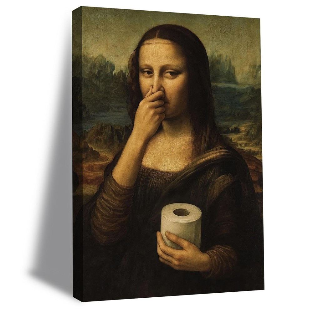 Funny Mona Lisa Bathroom Canvas Wall Art Humor Mona Lisa Pinching Nose Wall D…