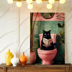 Wall Art Black Cat on Pink Toilet Reading Newspaper Tropical Bathroom Print