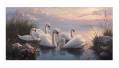 White Swan Canvas Print Panoramic Lake Oil Painting Style Pink Sunset Wall Art