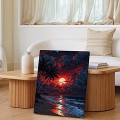 Red Moon Beach Night Canvas Art Tropical Palm Trees Ocean Waves Wall Decor Print