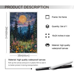 Vintage Full Moon Above The Wildflowers Canvas Wall Art, Mystical Midnight Wo…
