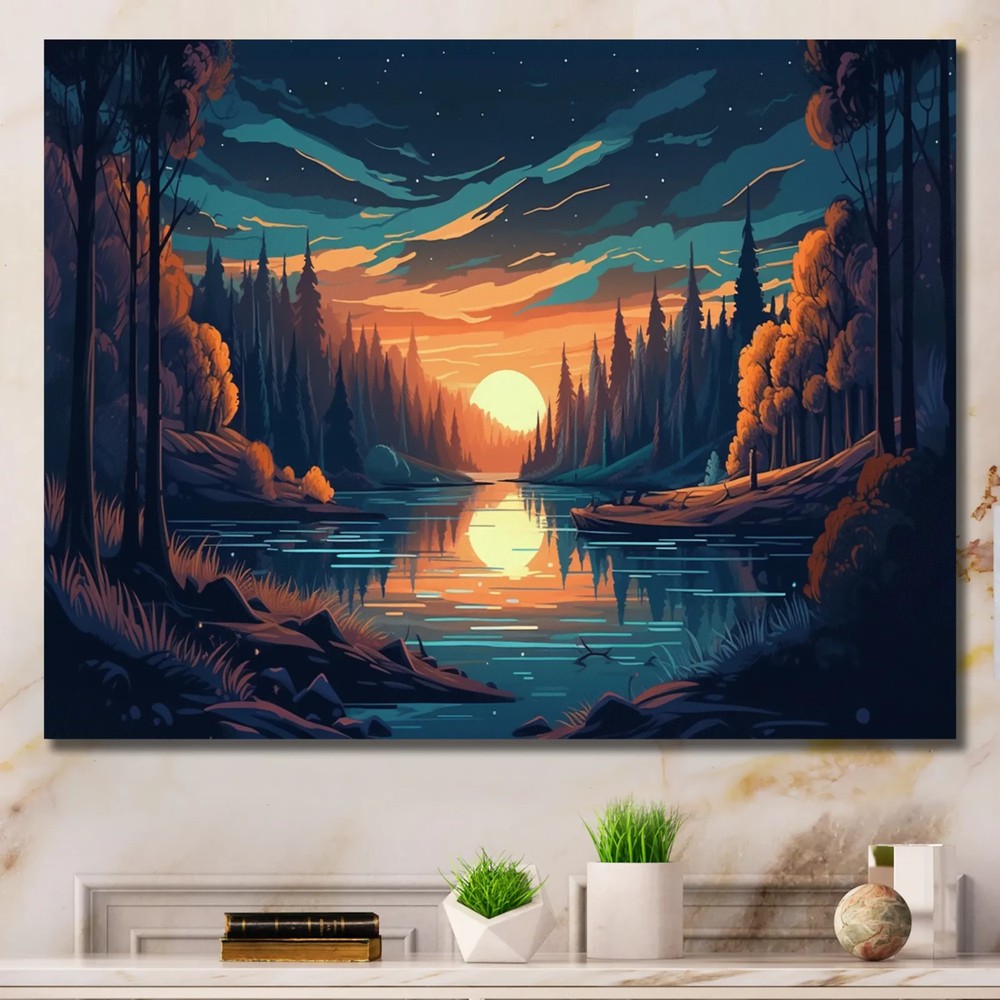 Digital Photo Wallpaper, Sunset Forest Lake Wall Art Painting Poster Living Room