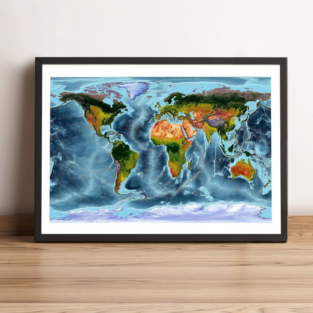World Map, WGS84 Projection World Map, Printed and Framed World Relief Map