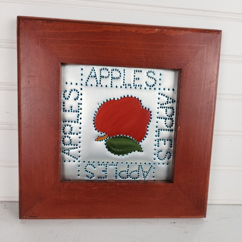 Framed Apple Wall Art Print Granny Smith Apples Painted Metal Tile in Wood Frame