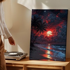 Red Moon Beach Night Canvas Art Tropical Palm Trees Ocean Waves Wall Decor Print