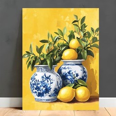 Blue and White Vases with Lemons Canvas Wall Art, Kitchen Home Decor