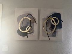 Set of 2 Abstract Canvas Wall Art Prints w/ Gold Circles Gray Blue Black