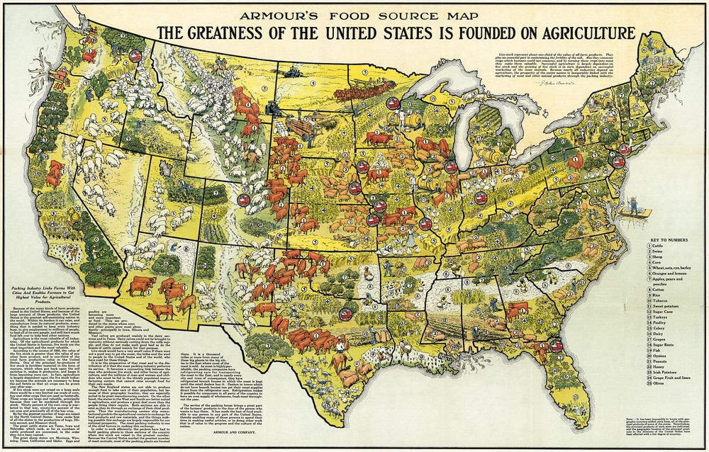 Pictorial 1922 Armour’s Food Source Map Agricultural Products of USA Poster Prin