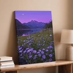 Purple Wildflowers Lake Mountain Moon Canvas Wall Art Nature Landscape Home