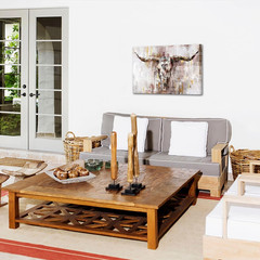 Rustic Longhorn Cow Canvas Wall Art – 24×36″ Western Farmhouse Decor