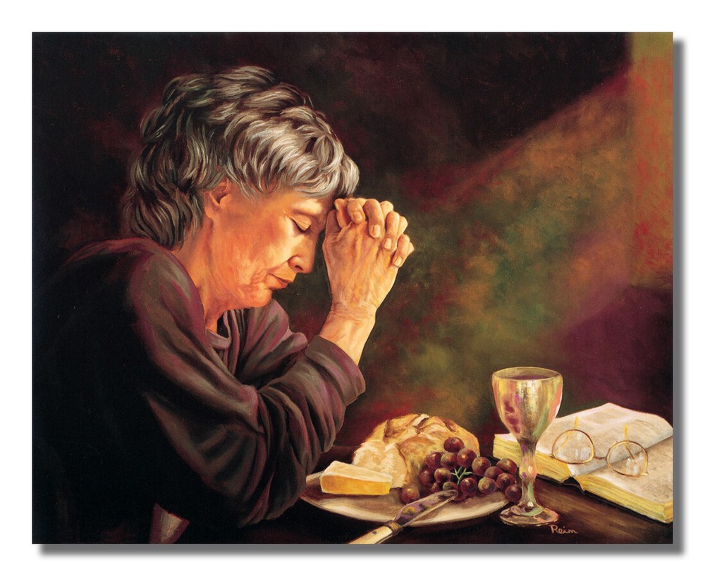 Gratitude Lady Praying Dinner Table Daily Bread Religious Wall Picture Art Print