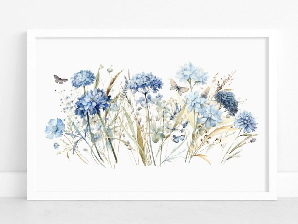 Blue Flowers Wall Art Print, Floral Botanical Wall Art Decor, Nature Wall Art