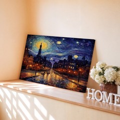 Cityscape Night Sky Canvas Wall Art Urban Street Lights Reflection Decor Print