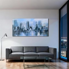 Blue Canvas Wall Art Modern Abstract Cityscape Picture Textured Painting, New…