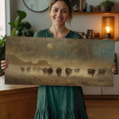 Vintage Style Cattle Herd Canvas Wall Art, Large Rustic Western Art, Cow Print