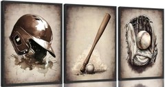 3Pcs Baseball Wall Art Vintage Brown Baseball Theme Painting Picture Wall Dec…