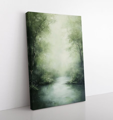 Misty Forest River Abstract Green Painting Print on Framed Canvas Wall Art Decor