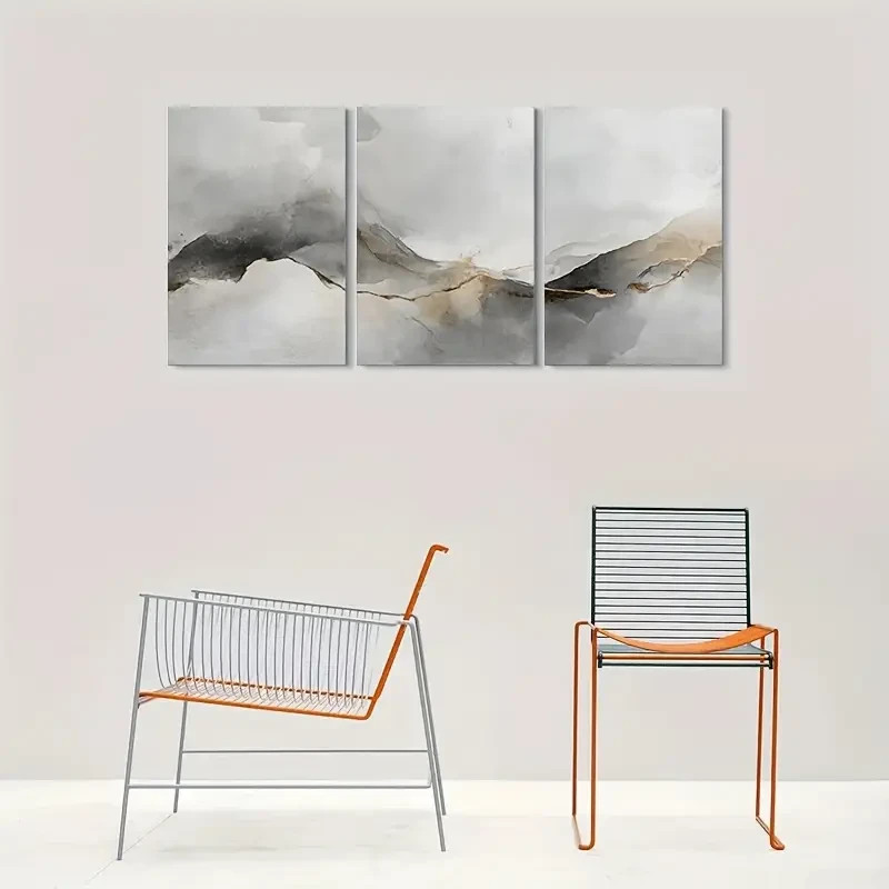 3pcs Abstract Grey and Golden Hues Metal Print Ready to Hang Art