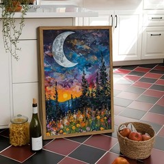 Framed Vintage Forest Moon Wall Art Set of 2, Midnight Mountain Forest Wildfl…