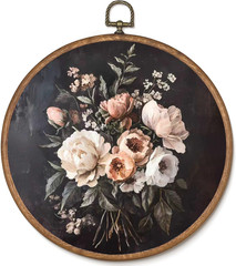 Vintage Floral Framed Wall Art, Black Botanical Flower Round Wall Hanging Decor,