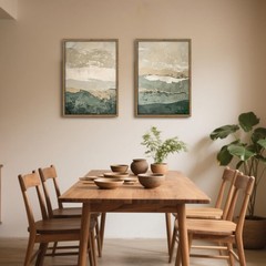 Framed 2Pcs Green Abstract Wall Art with Wood Frame Rustic Landscape Canvas P…