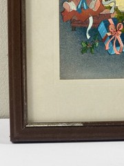 Vintage Christmas Foil Art Print Girl Teddy Bear Cat Framed Holiday Wall Decor