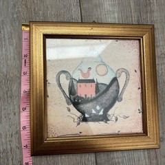 Framed Folk Art Print Unisex Small Gold Teapot House Chicken Decor