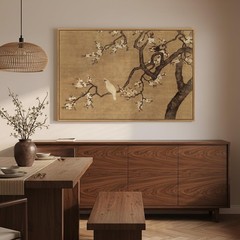 Framed Vintage Floral Bird Zen Wall Art, Neutral Asian Plum Blossom Branch Fl…