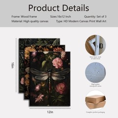 3pcs Framede Gothic Dark Floral Canvas Wall Art Vintage Butterfly Dragonfly B…