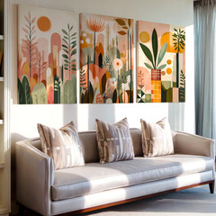 3 Pieces Abstract Botanical Earth Tones Geometric Shapes Large Wall Art Decor