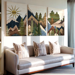 3 Pieces Mountain Landscape Sun Trees Earthy Tones Large Wall Art Canvas Decor