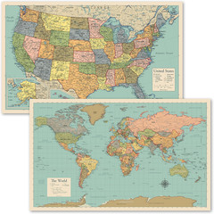 2 Pack – World Map Poster & USA Map Chart [Tan/Color] (LAMINATED, 18” X 29”)