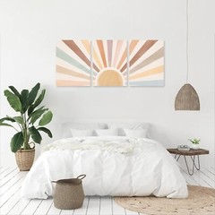3 pc Boho Wall Art Framed Canvas Wall Art Rainbow Sun Rising & BONUS Tapestry