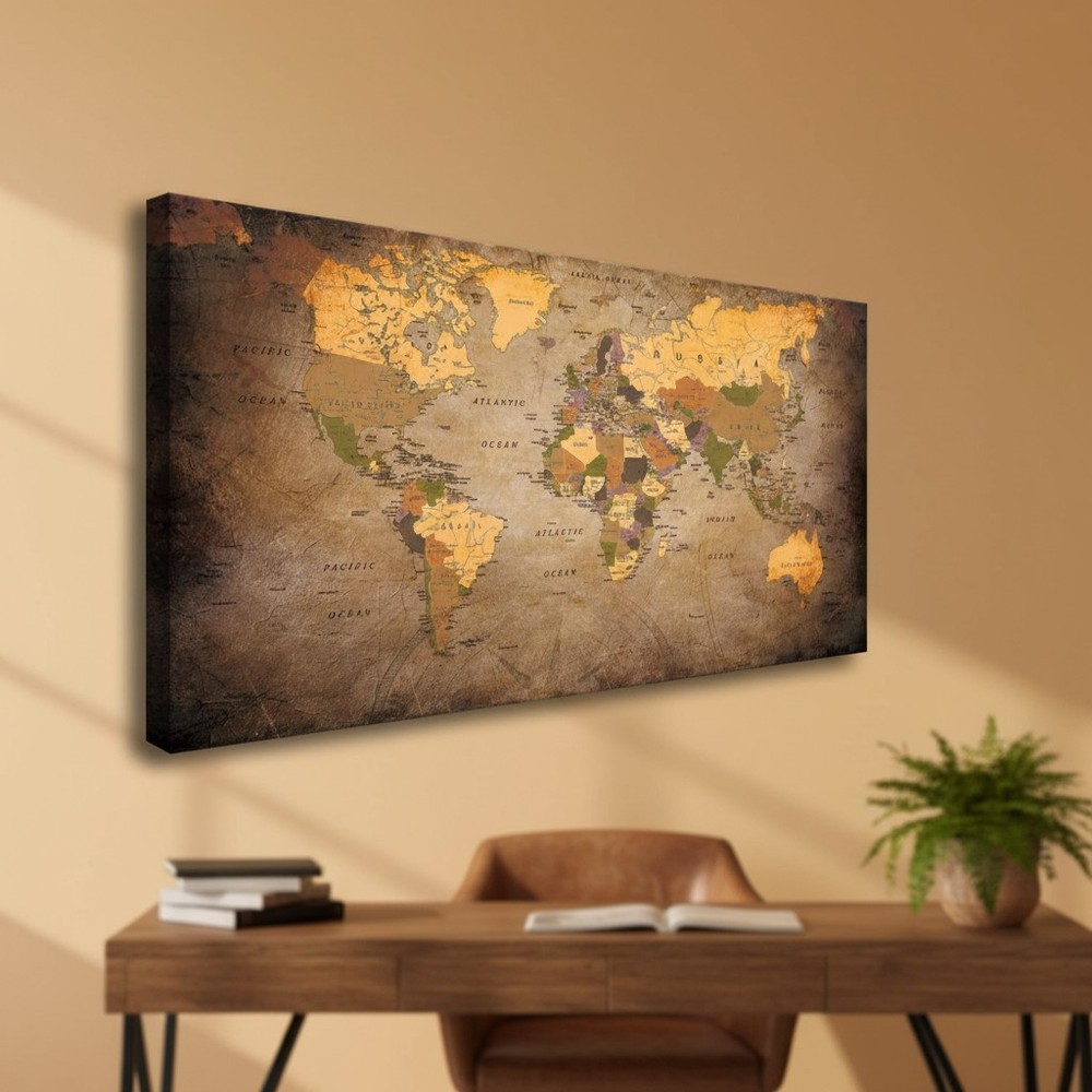 High Definition Vintage World Map Canvas Art – Perfect for Home Office 24x48in