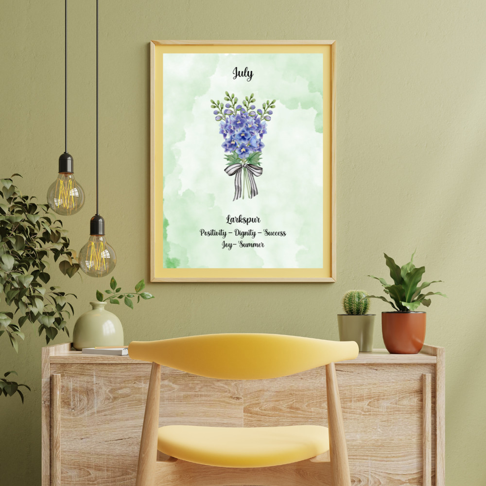 July Birth Flower Larkspur Green Watercolor Wall Art Print Gift 8×10 UNFRAMED