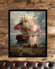 Vintage 4th of July Tall Ship, Patriotic Naval Scene Americana Maritime Poster