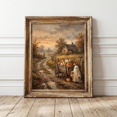 Cottagecore Halloween Pumpkin Wagon Print, Vintage Fall Ghost Wall Art