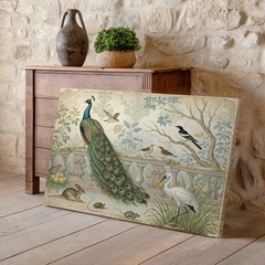 Vintage canvas wall art featuring peacock wildlife birds rabbit and crane scene