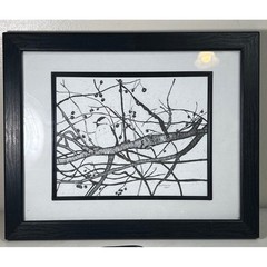 Framed Art Print Bird Black and White Tree Branches & Berries Sketch