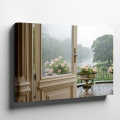 Romantic Rainy Garden Scene with Pink Roses and Vintage Door Canvas Art Print