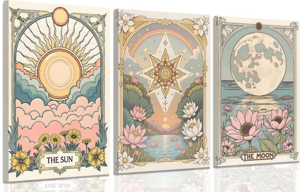 3pcs Framed Sun and Moon star Canvas Wall Art Tarot Crescent Moon Picture Wal…