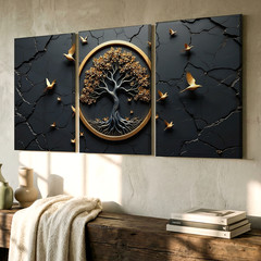 3 Pieces Golden Tree Birds Modern Gold Large Wall Art Set for Living Set Of 3
