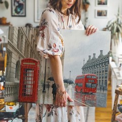 London rainy street scene canvas wall art red telephone booth double decker bus